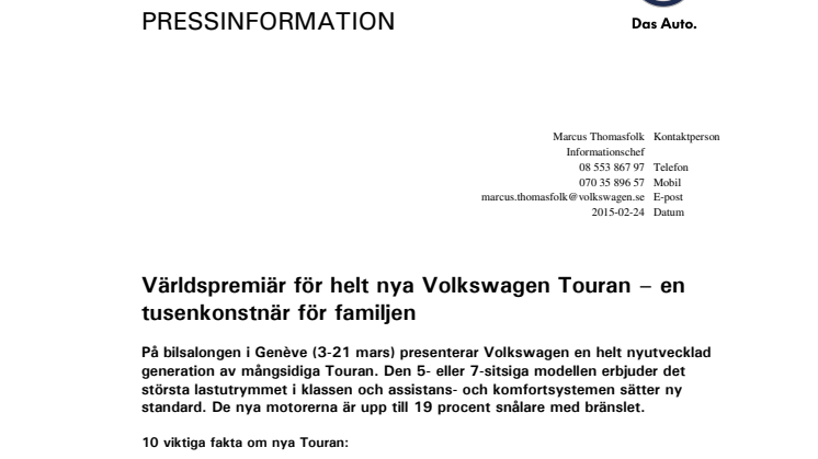 Världspremiär för helt nya Volkswagen Touran – en tusenkonstnär för familjen