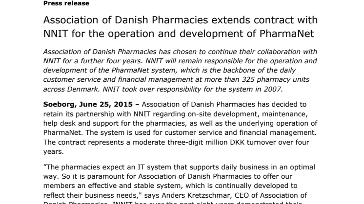 Association of Danish Pharmacies extends contract with NNIT for the operation and development of PharmaNet