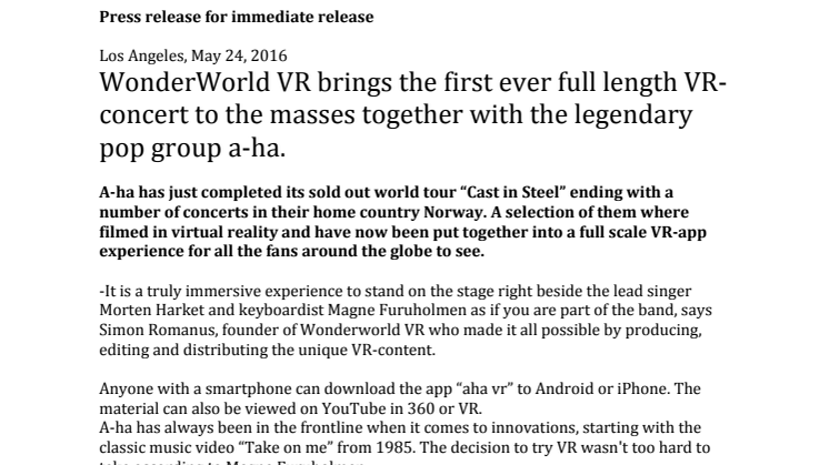 Pop band A-ha Takes on first ever full length virtual reality concert!
