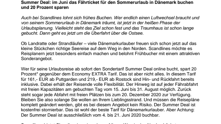 Summer Deal: im Juni das Fährticket für den Sommerurlaub in Dänemark buchen und 20 Prozent sparen