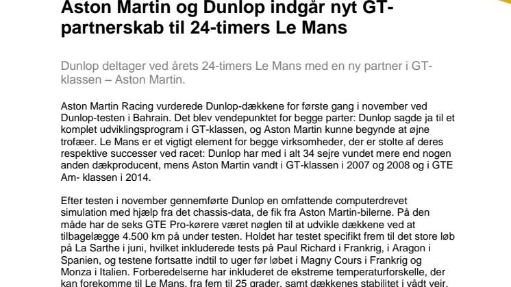 Aston Martin og Dunlop indgår nyt GT-partnerskab til 24-timers Le Mans