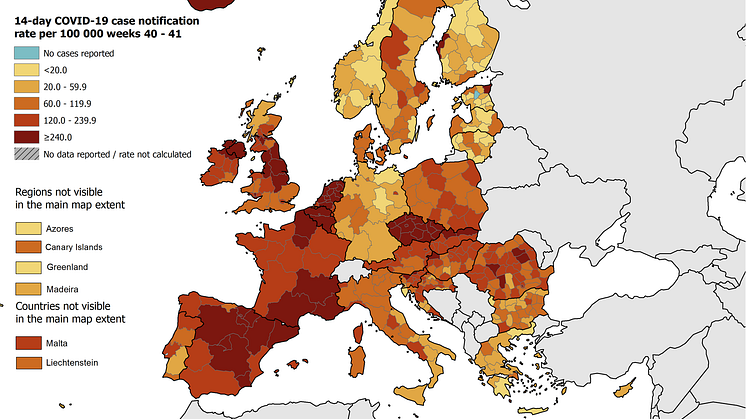 14-day COVID-19 case notification rate per 100 000, weeks 40-41. Source: European Centre for Disease Prevention and Control