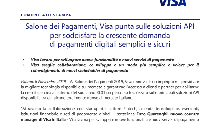 Salone dei Pagamenti, Visa punta sulle soluzioni API per soddisfare la crescente domanda  di pagamenti digitali semplici e sicuri 