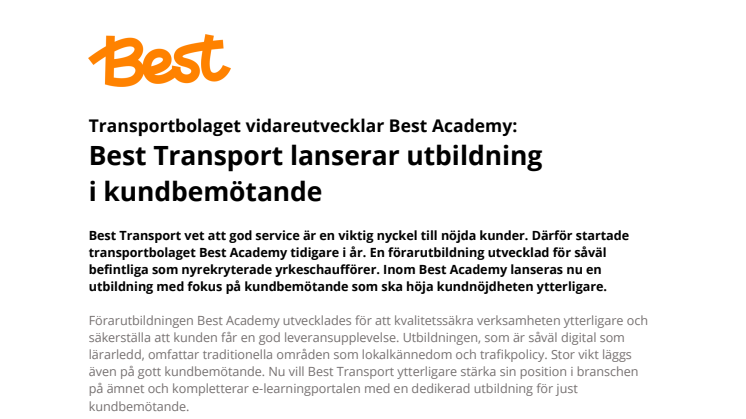 Best Transport lanserar utbildning  i kundbemötande