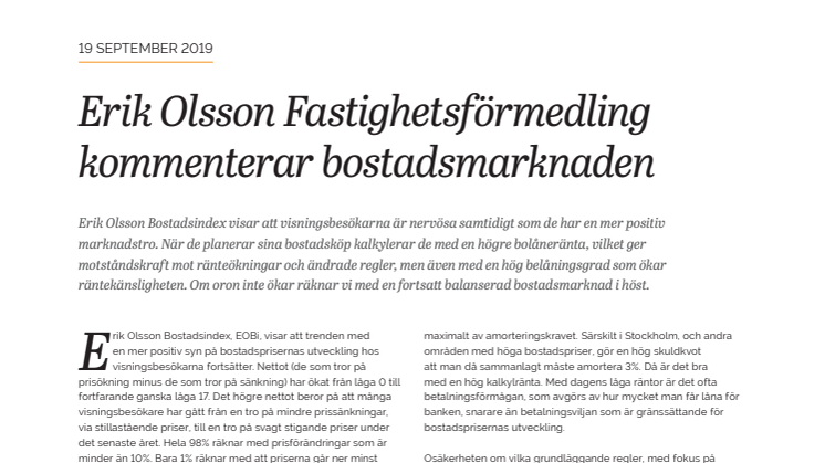 Erik Olsson Fastighetsförmedling kommenterar bostadsmarknaden 19 september 2019
