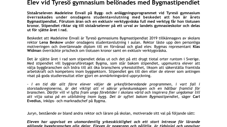 Elev vid Tyresö gymnasium belönades med Bygmastipendiet