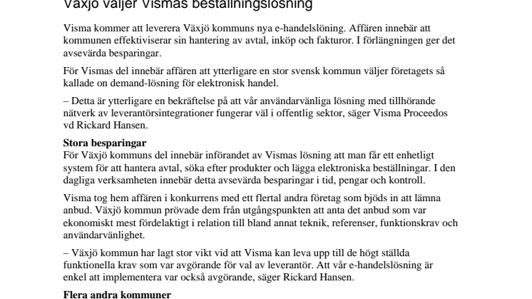 Växjö väljer Vismas beställningslösning