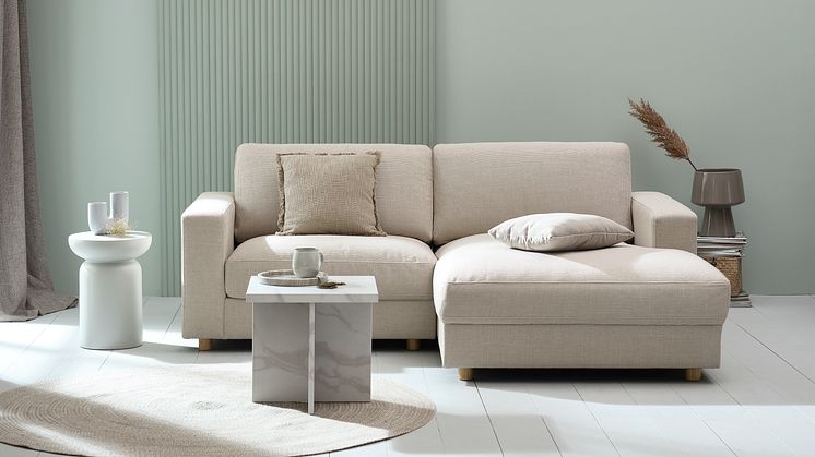 Sohva TORNEMARK, puoli vaihdettavissa, sohvapöytä GANDRUP 45x45 marmoroitu pinta, sohvapöytä LYDUM Ø34 harmaa beige