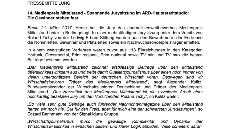 14. Medienpreis Mittelstand - Spannende Jurysitzung im ARD-Hauptstadtstudio: Die Gewinner stehen fest.