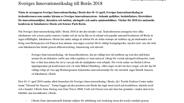 Sveriges Innovationsriksdag till Borås 2018