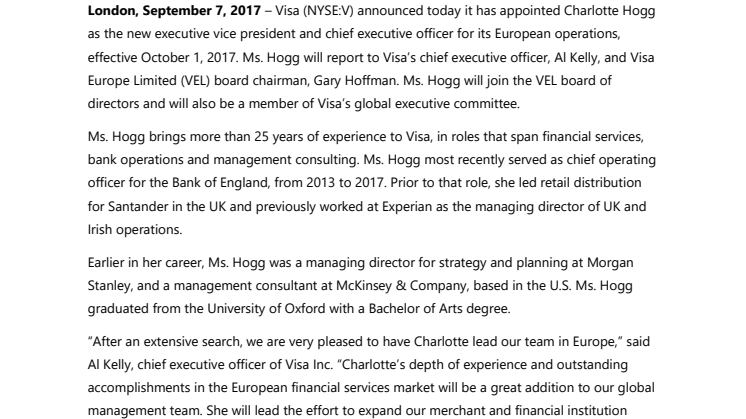 Visa Inc. Appoints Charlotte Hogg as Chief Executive Officer of the Company’s European Operations