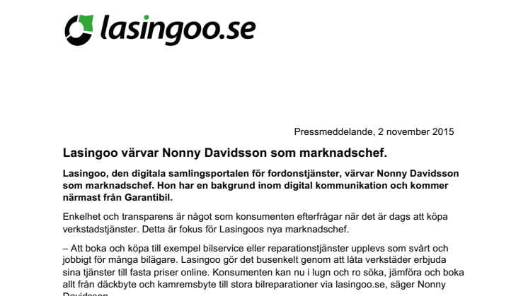Lasingoo värvar Nonny Davidsson som marknadschef.