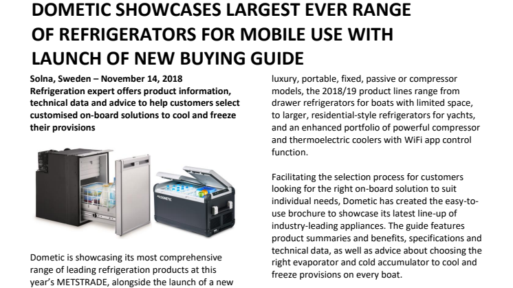 Dometic Showcases Largest Ever Range  of Refrigerators for Mobile Use with  Launch of New Buying Guide