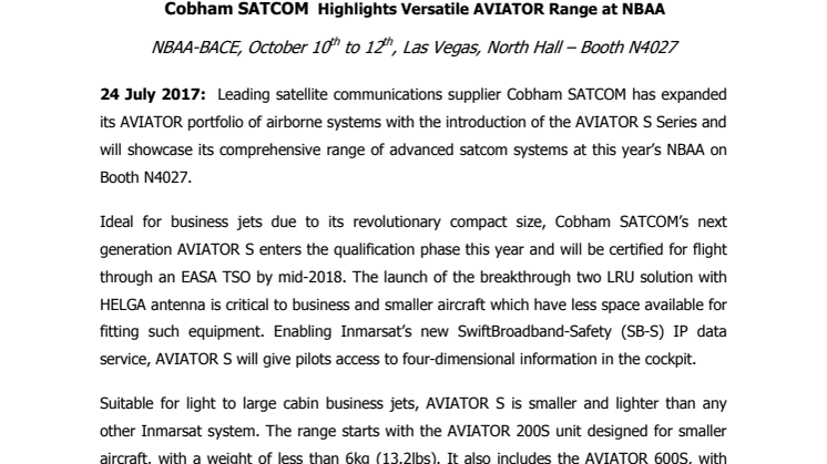 Cobham SATCOM: Cobham SATCOM  Highlights Versatile AVIATOR Range at NBAA