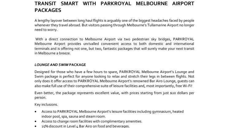 Transit Smart with PARKROYAL Melbourne Airport Packages