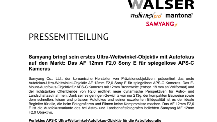 Samyang bringt sein erstes Ultra-Weitwinkel-Objektiv mit Autofokus auf den Markt: Das AF 12mm F2,0 Sony E für spiegellose APS-C Kameras