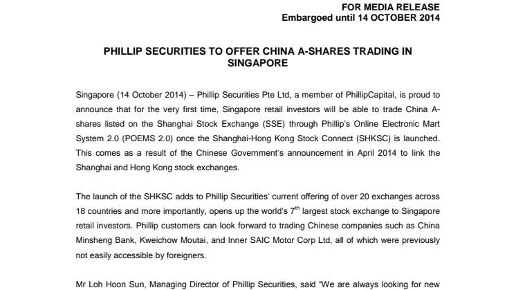 Phillip Securities To Offer China A-Shares Trading In Singapore