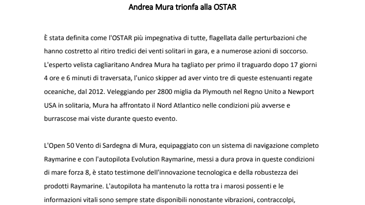 Raymarine: Andrea Mura trionfa alla OSTAR