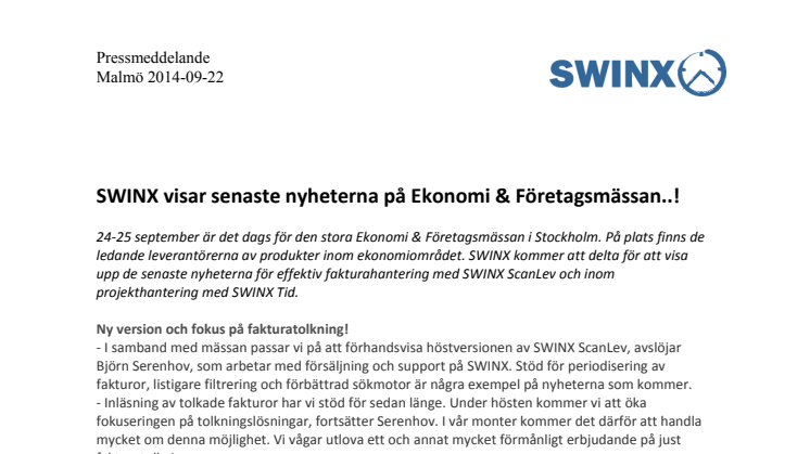 SWINX visar senaste nyheterna på Ekonomi & Företagsmässan..!