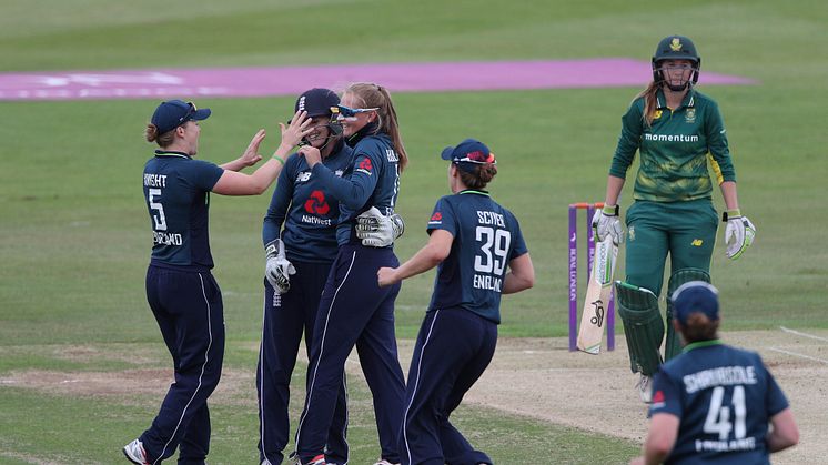 Heather Knight and her teammates celebrate a wicket at Canterbury. Photo: Getty Images 