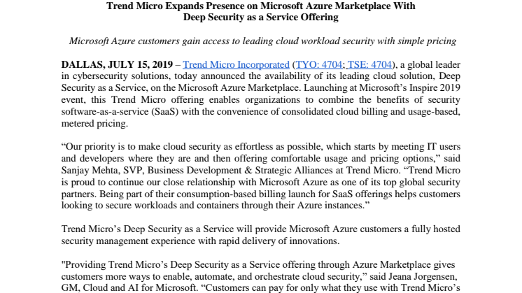 Trend Micro Deep Security nu tillgänglig på Microsoft Azure Marketplace 