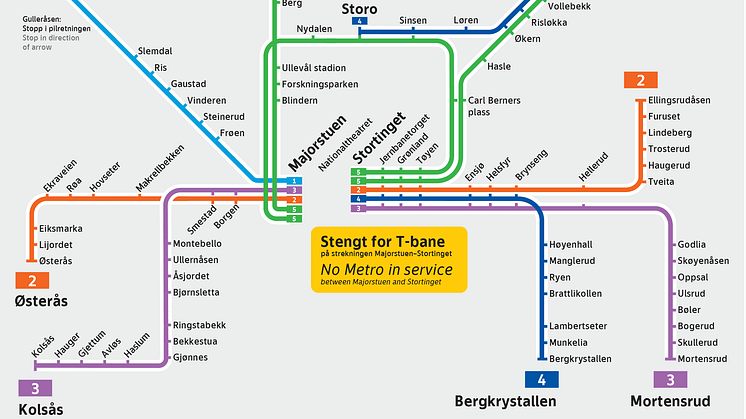Linjekart for T-banen gyldig søndag–torsdag etter kl. 21.