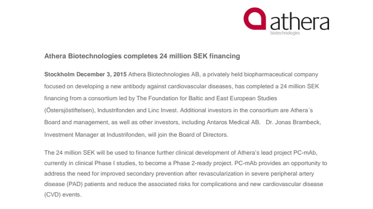 Athera Biotechnologies completes 24 million SEK financing 