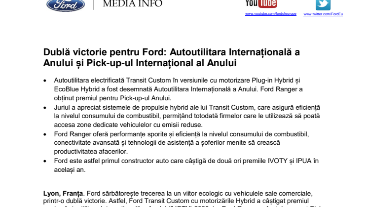 Dublă victorie pentru Ford: Autoutilitara Internațională a Anului și Pick-up-ul Internațional al Anului