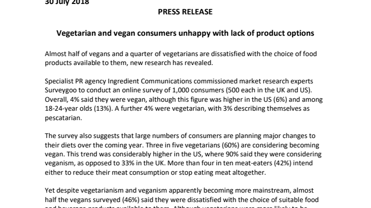 PRESS RELEASE: Vegetarian and vegan consumers unhappy with lack of product options