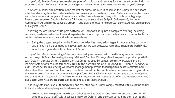 Loxysoft AB acquires Dolphin AS and forms Loxysoft Group