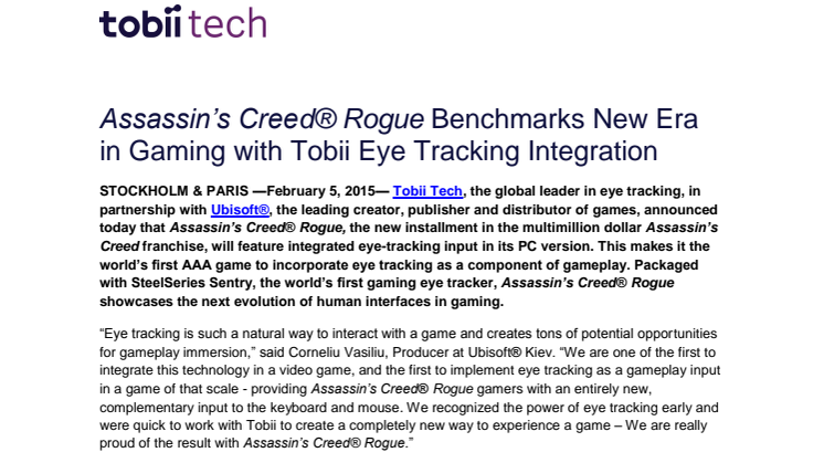 Assassin’s Creed® Rogue Benchmarks New Era in Gaming with Tobii Eye Tracking Integration 