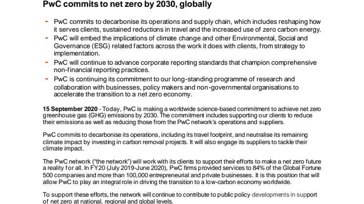 PwC commits to net zero by 2030, globally