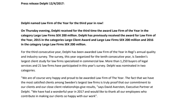 Delphi named Law Firm of the Year for the third year in row!