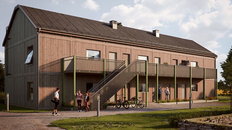 En skiss över den typ av byggnader som BoKlok tänker sig i projekt Solhöjden.