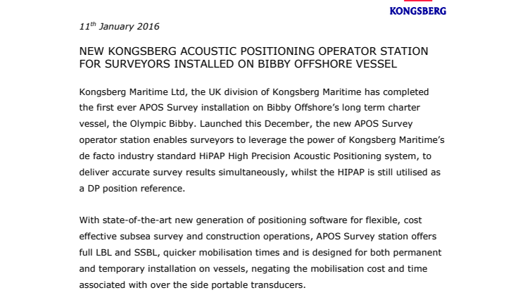 Kongsberg Maritime: New KONGSBERG Acoustic Positioning Operator Station for Surveyors Installed on Bibby Offshore Vessel