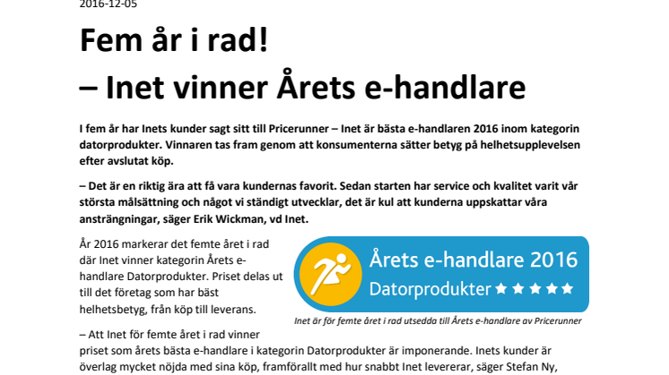 Fem år i rad!  – Inet vinner Årets e-handlare