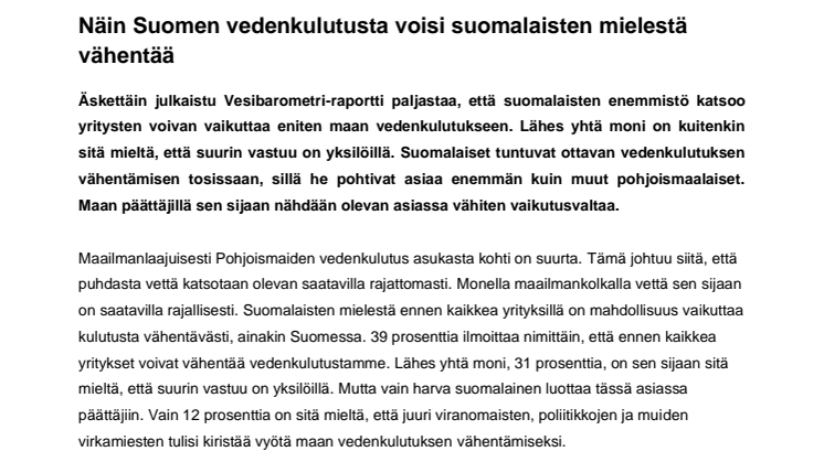 Näin Suomen vedenkulutusta voisi suomalaisten mielestä vähentää 