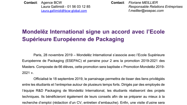 Mondelēz International signe un accord avec l’Ecole Supérieure Européenne de Packaging