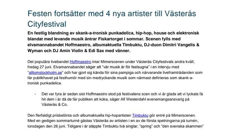 Festen fortsätter med 4 nya artister till Västerås Cityfestival