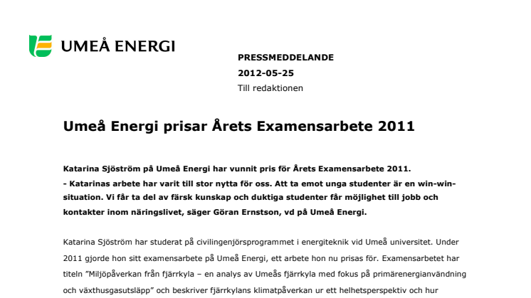 Umeå Energi prisar Årets Examensarbete 2011