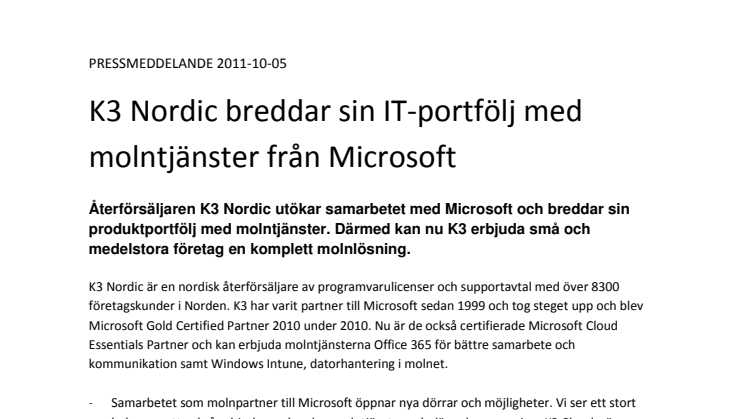 K3 Nordic breddar sin IT-portfölj med molntjänster från Microsoft