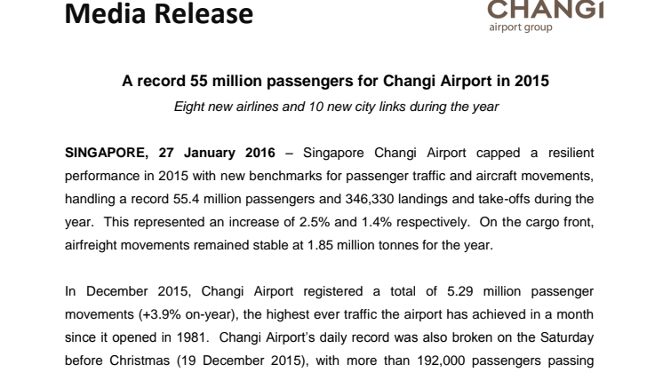 A record 55 million passengers for Changi Airport in 2015