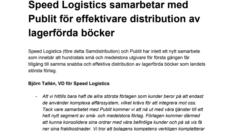 Speed Logistics samarbetar med Publit för effektivare distribution av lagerförda böcker
