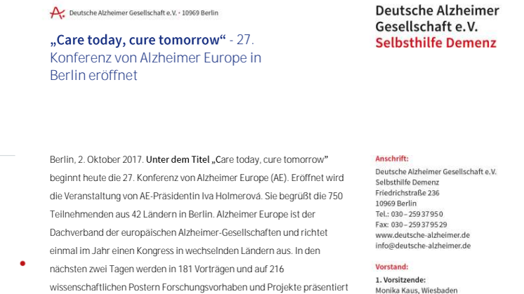 „Care today, cure tomorrow“ - 27. Konferenz von Alzheimer Europe in Berlin eröffnet 