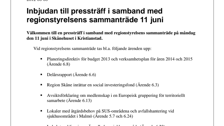 Inbjudan till pressträff i samband med regionstyrelsens sammanträde 11 juni  