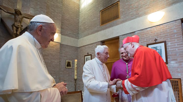 Påve Benedikt XVI brukade träffa alla nyblivna kardinaler, så även kardinal Arborelius i juni 2017.  Foto: Vatican Media
