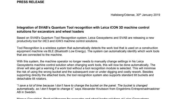 SVAB’s Quantum Tool Recognition tillsammans med Leica iCON 3D maskinstyrningssystem