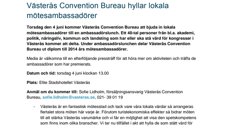 Västerås Convention Bureau hyllar lokala mötesambassadörer