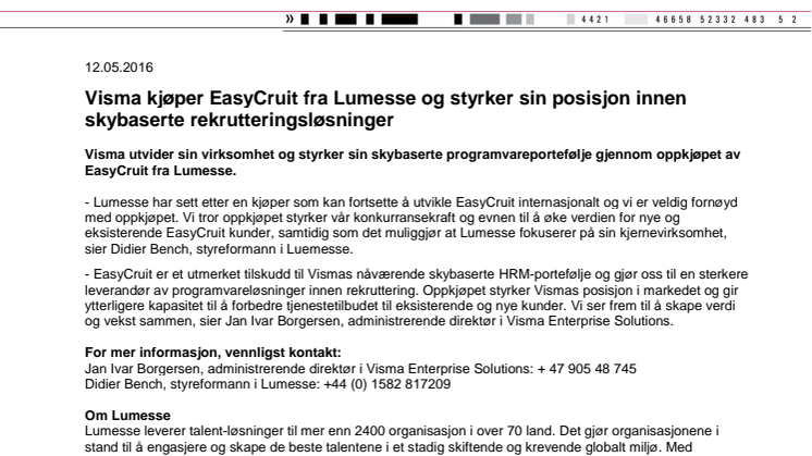 Visma kjøper EasyCruit fra Lumesse og styrker sin posisjon innen skybaserte rekrutteringsløsninger