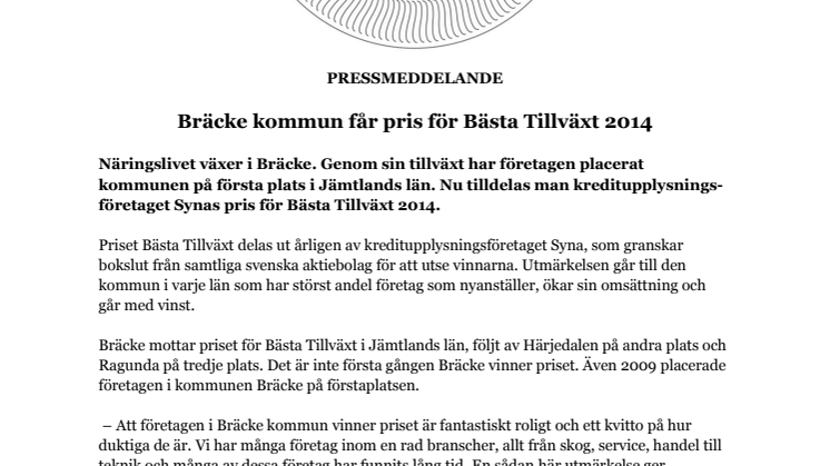 ​Bräcke kommun får pris för Bästa Tillväxt 2014